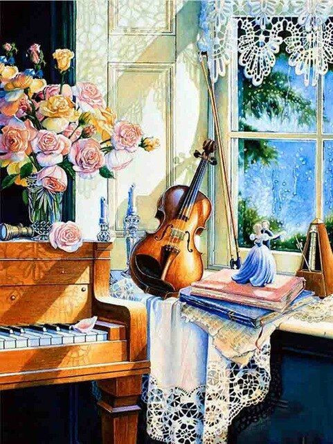Aperçu du résultat final du diamond painting Violin Window Sill.