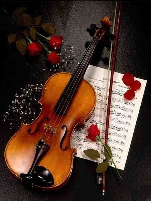 Aperçu du résultat final du diamond painting Violin Red Roses.