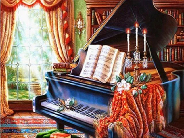 Aperçu du résultat final du diamond painting Piano Salon.