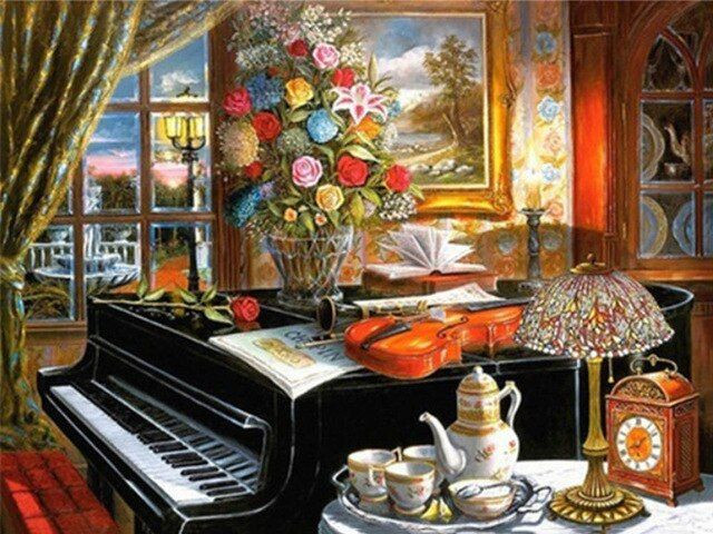 Aperçu du résultat final du diamond painting Piano Teacup.