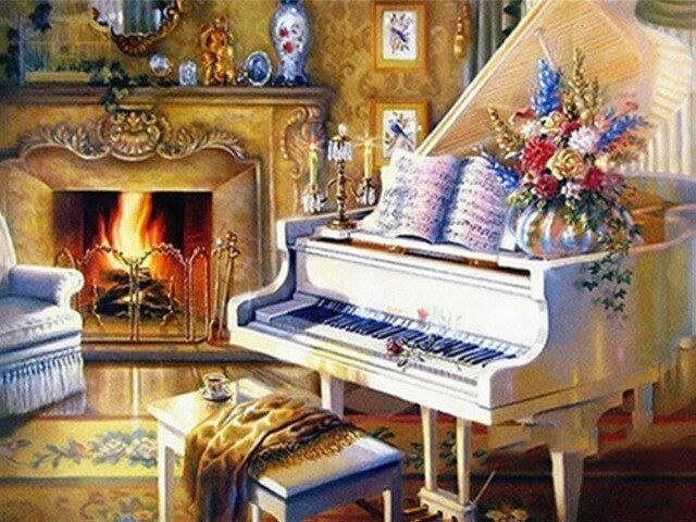 Aperçu du résultat final du diamond painting Piano and Fireplace.