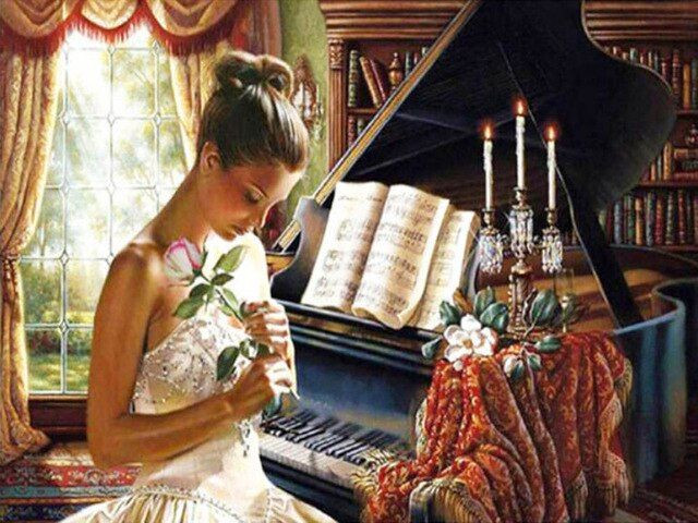 Aperçu du résultat final du diamond painting Piano with Woman and Rose.