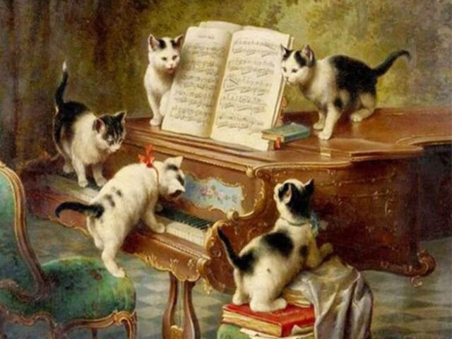 Aperçu du résultat final du diamond painting Piano with Cats.