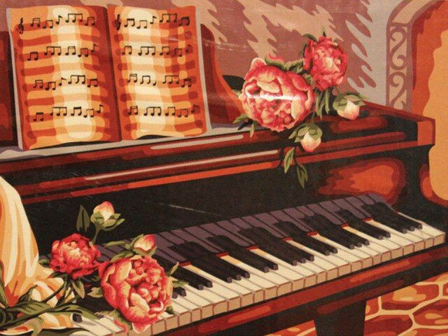 Aperçu du résultat final du diamond painting – Klavier mit Pomponette-Blumen.