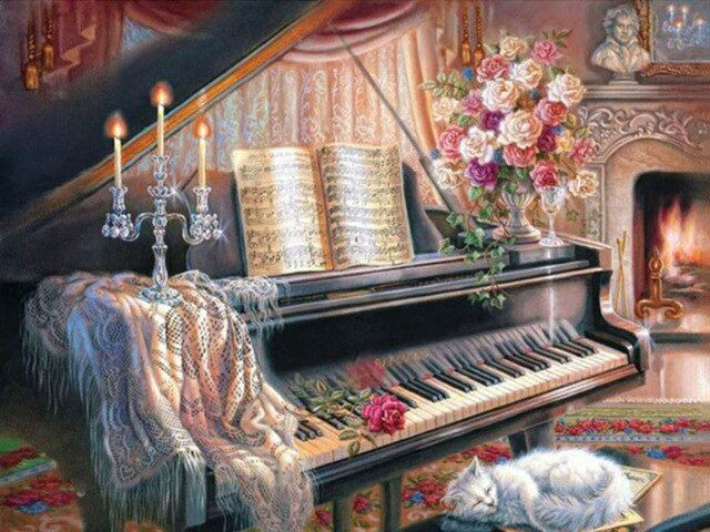 Aperçu du résultat final du diamond painting Piano Flowers and Candle.
