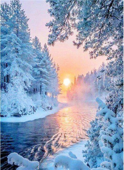 Aperçu du résultat final du diamond painting Paysage : Le Lever de Soleil Hivernal.