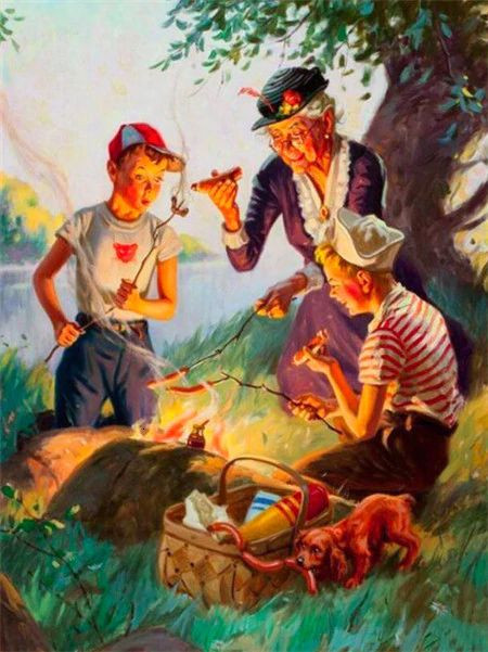 Aperçu du résultat final du diamond painting Grootouders en kleinkinderen op een picknick.
