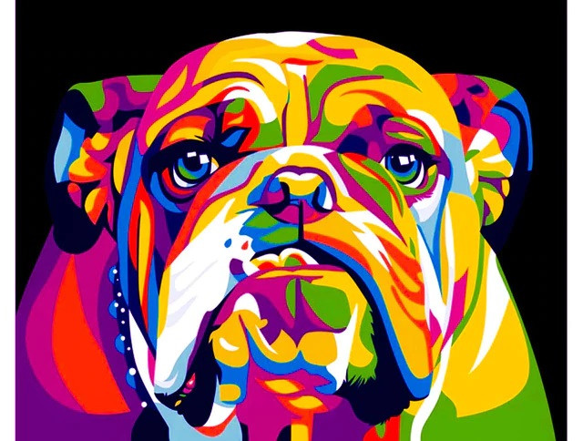 Anteprima del risultato finale del diamond painting Bulldog Pop Art Colorful.