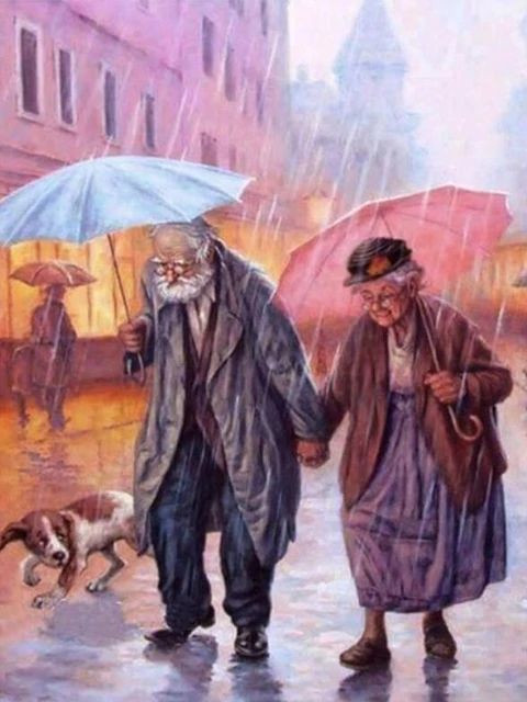 Aperçu du résultat final du diamond painting Elderly Couple with Umbrella.