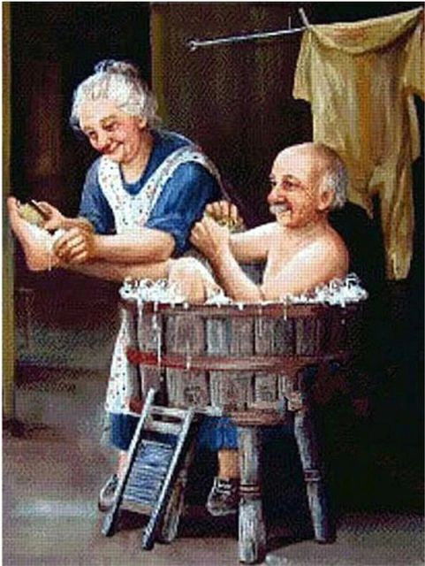 Aperçu du résultat final du diamond painting Older Couple in the Bath.