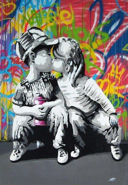 Aperçu du résultat final du diamond painting Graffiti Kuss Liebe Kinder.