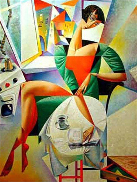 Aperçu du résultat final du diamond painting – Frauenbuch und Kaffee im Picasso-Stil.