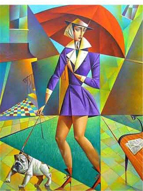 Aperçu du résultat final du diamond painting Donna con ombrello e cane in stile Picasso.