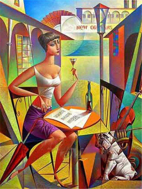 Aperçu du résultat final du diamond painting Woman Wine Glass Picasso Style.