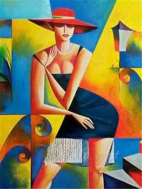 Aperçu du résultat final du diamond painting Donna con cappello, stile Picasso.
