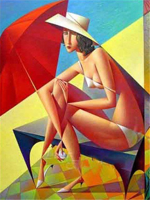 Aperçu du résultat final du diamond painting Woman at the Beach Picasso Style.