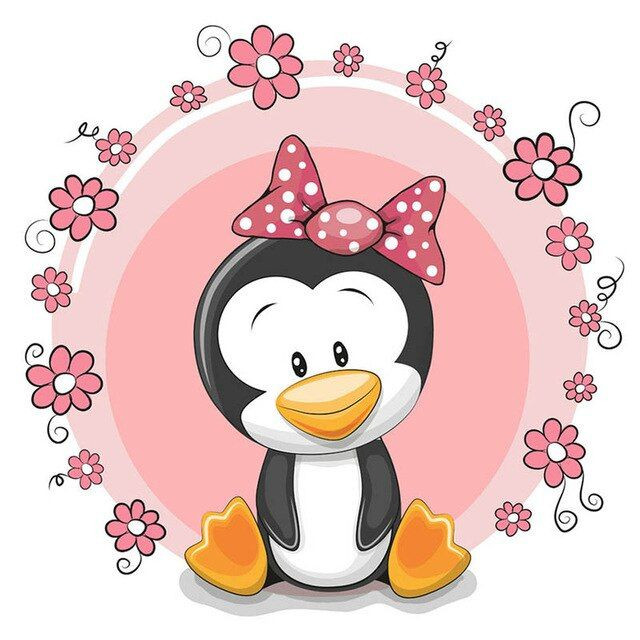 Aperçu du résultat final du diamond painting Baby-Pinguin, rosa Blumen.