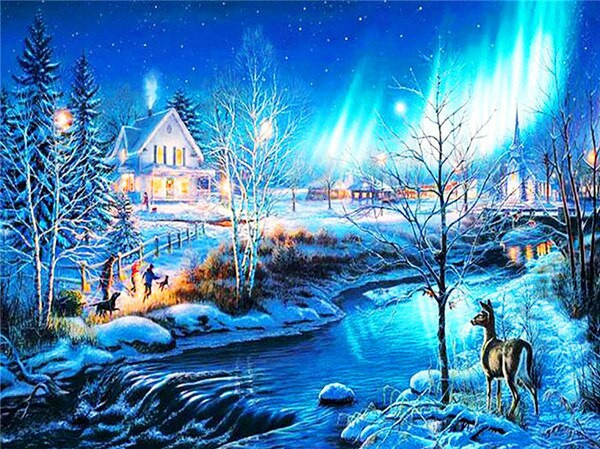 Aperçu du résultat final du diamond painting Paysage : L'Aurore Boréale de Noël.