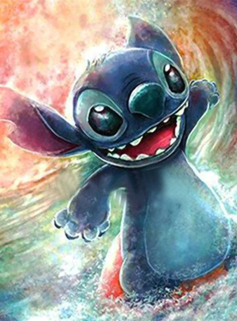 Preview van het eindresultaat van de diamantschildering Stitch, the King of the Wave.