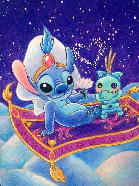 Vorschau des Endergebnisses des Diamantgemäldes Stitch: Der fliegende Teppich.