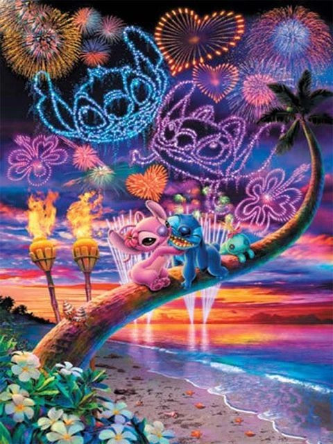 Voorproefje van het eindresultaat van de Stitch & Angel diamantschildering: Tropisch vuurwerk.