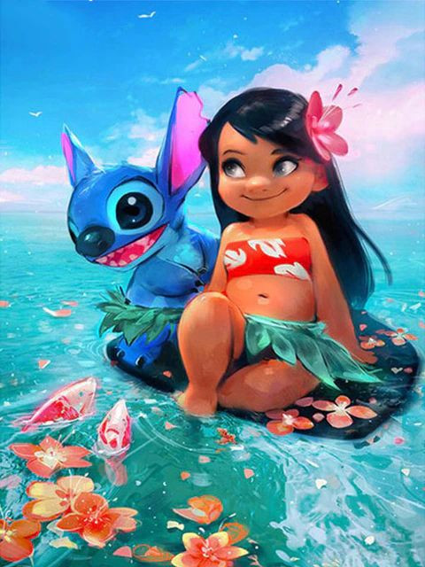 Aperçu du résultat final du diamond painting Lilo & Stitch : Journée Tropicale.