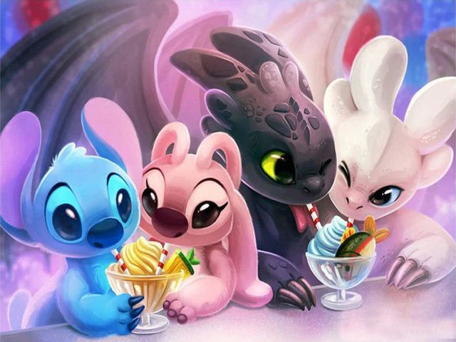 Preview of the final result of the diamond painting Stitch & Krokmou: Double Rendezvous.