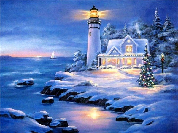 Aperçu du résultat final du diamond painting Paysage : Le Phare de Noël.