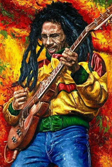 Aperçu du résultat final du diamond painting Bob Marley, la Flamme du Reggae.