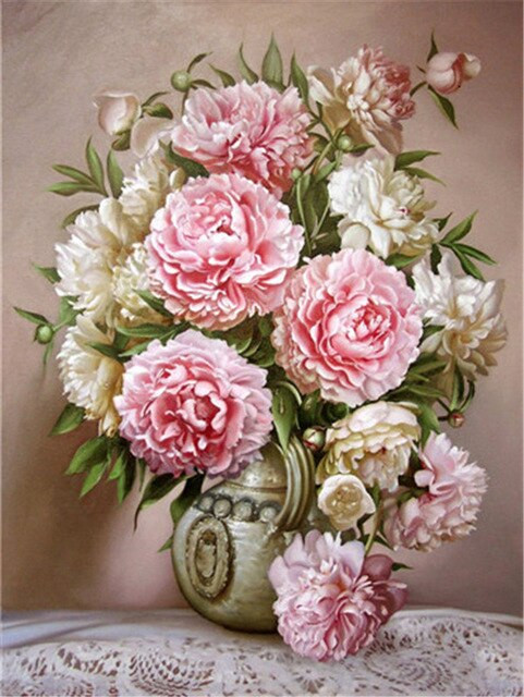 Aperçu du résultat final du diamond painting Rosa Pfingstrosen in einer Goldenen Vase.