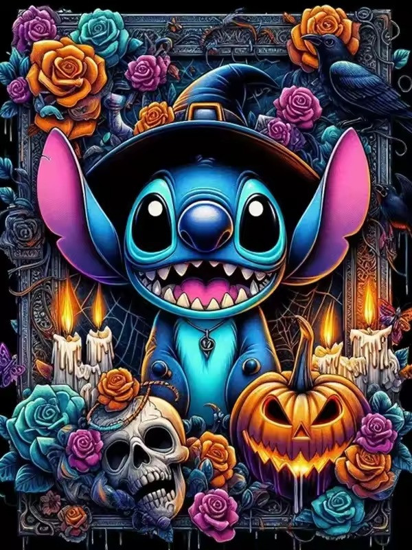 Aperçu du résultat final du diamond painting Stitch Sorcier d'Halloween.