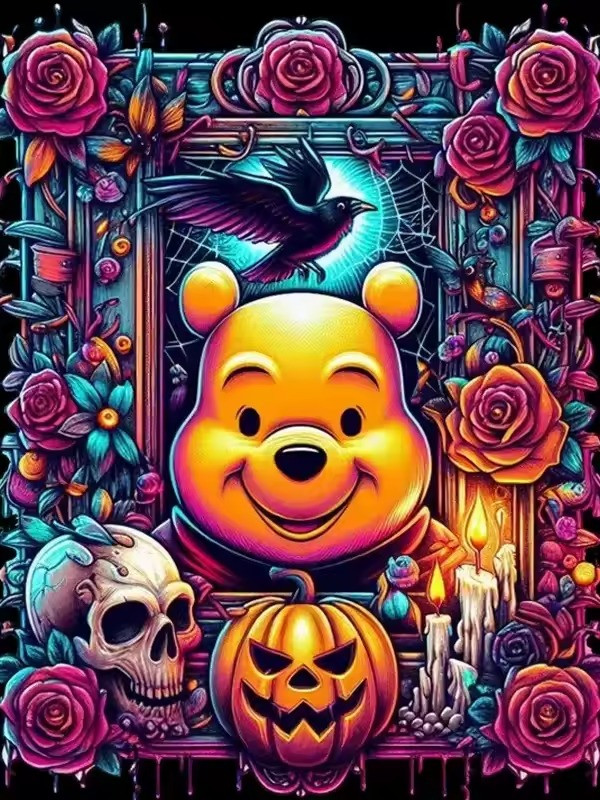 Preview van het eindresultaat van de Winnie de Poeh Gothic Halloween diamond painting.