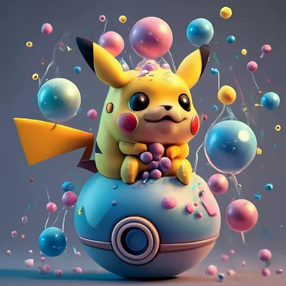 Anteprima del risultato finale del dipinto a diamante Pikachu Bubble Festival.