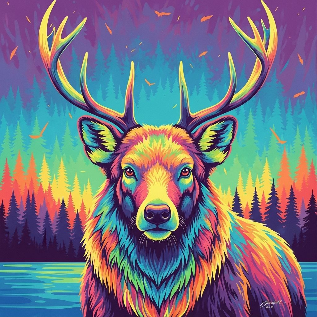 Preview van het eindresultaat van het diamantschilderij Psychedelic Forest Deer.