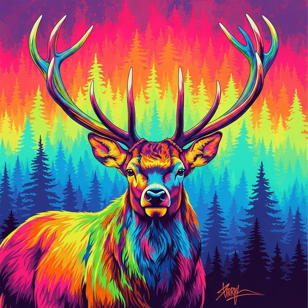 Preview van het eindresultaat van de diamantschildering Flaming Forest Deer.