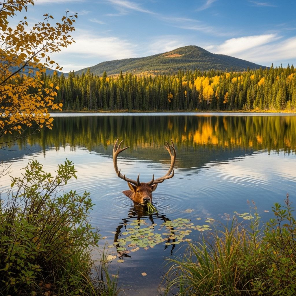 Preview van het eindresultaat van het diamantschilderij Deer in the Golden Lake.