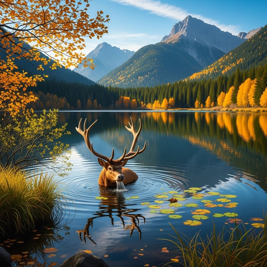 Preview van het eindresultaat van de diamantschildering Royal Deer at Autumn Lake.