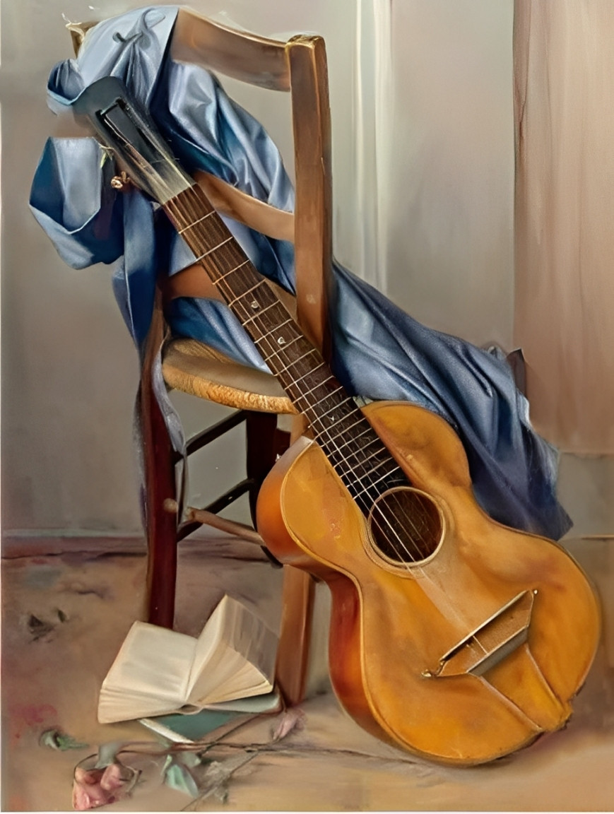 Aperçu du résultat final du diamond painting Guitar Crooked on Chair.