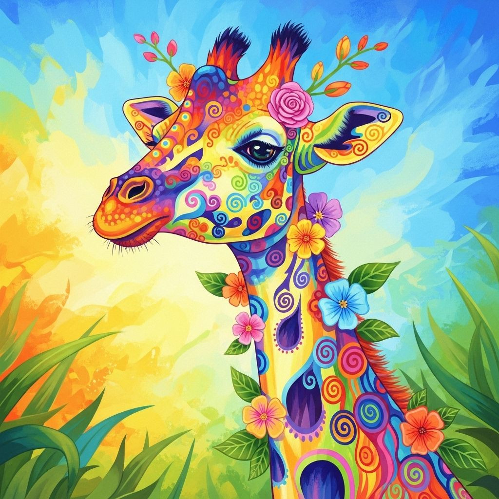 Aperçu du résultat final du diamond painting Girafe : La Symphonie Psychédélique.