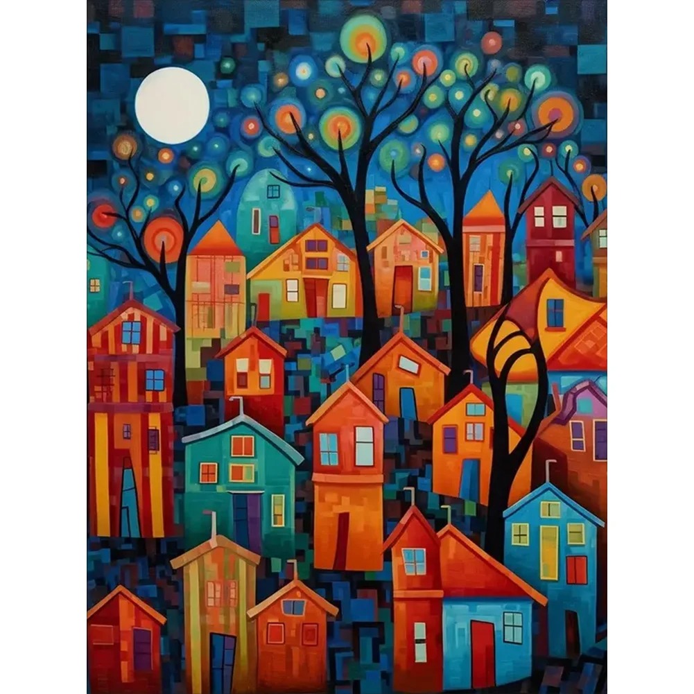 Aperçu du résultat final du diamond painting Village Under Full Moon Diamond Painting.