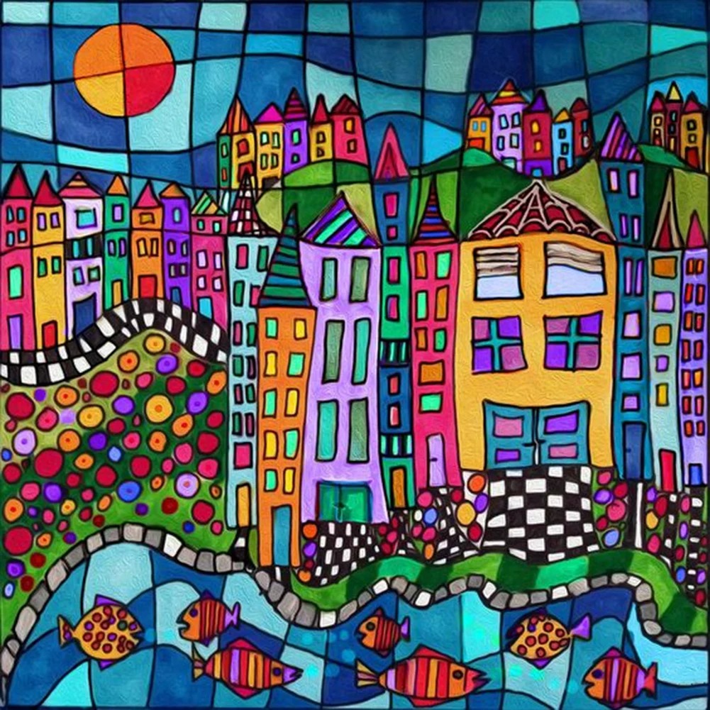 Aperçu du résultat final du diamond painting Stadt im Glasfenster-Stil mit Fischen.