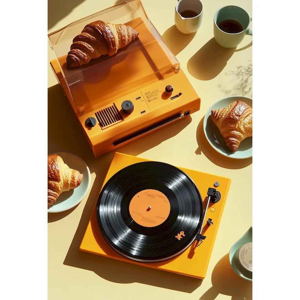 Aperçu du résultat final Yellow Record Player Breakfast with Croissants Diamond Painting.