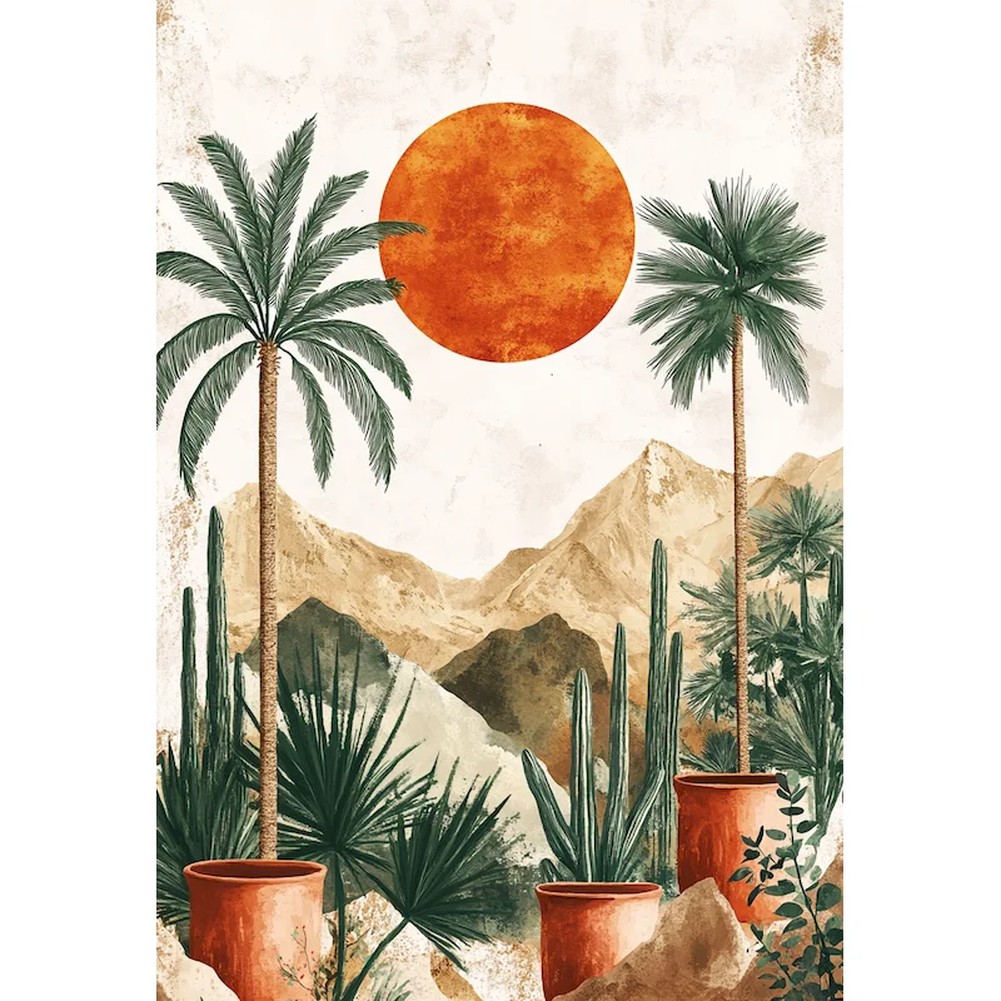 Aperçu du résultat final Potted Palm Oasis and Desert Mountains Diamond Painting.