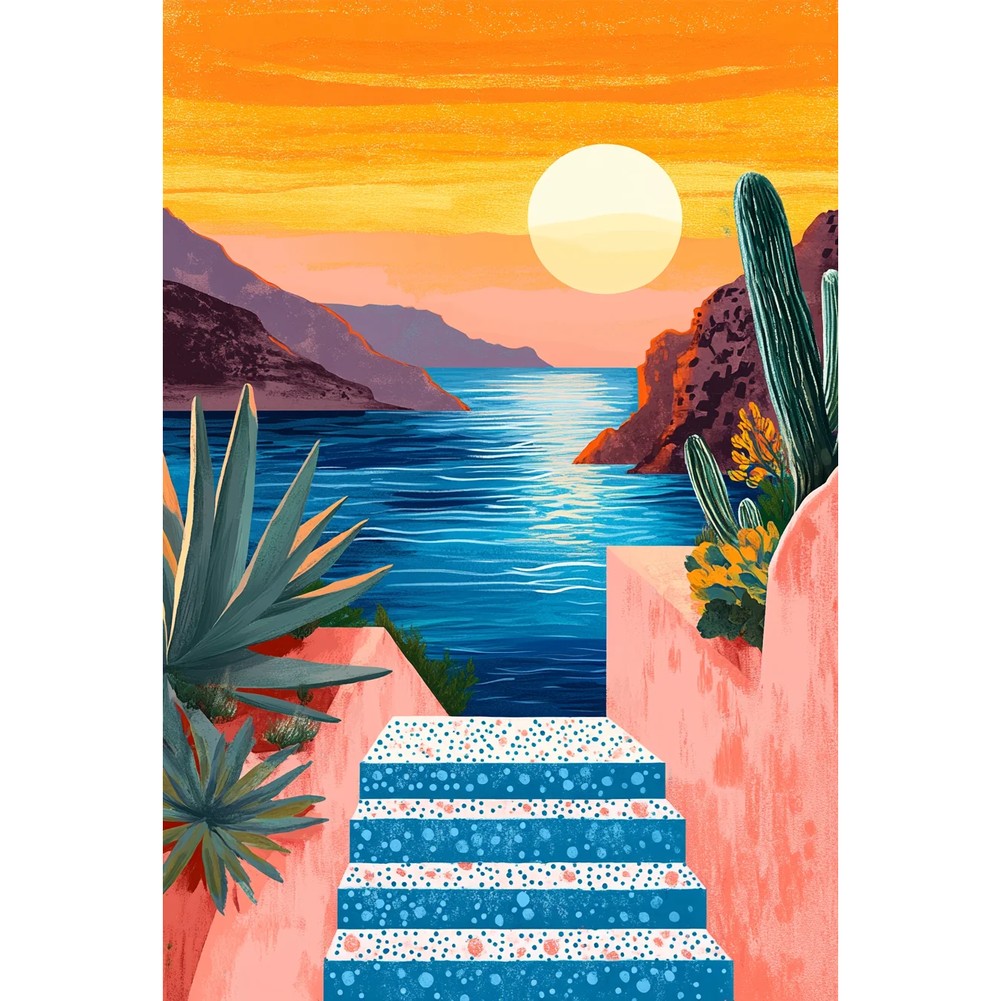 Aperçu du résultat final Escalier bleu et blanc au coucher du soleil.