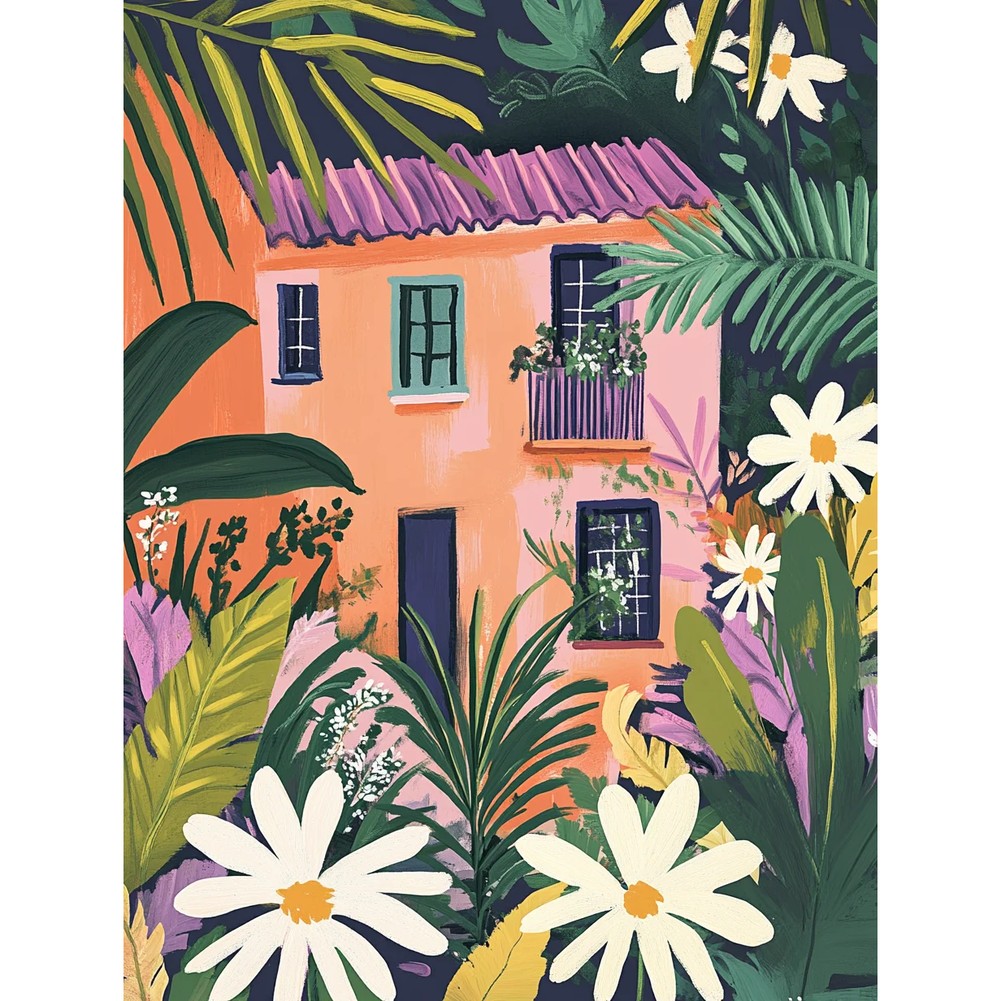Aperçu du résultat final Maison rose et feuillage tropical.