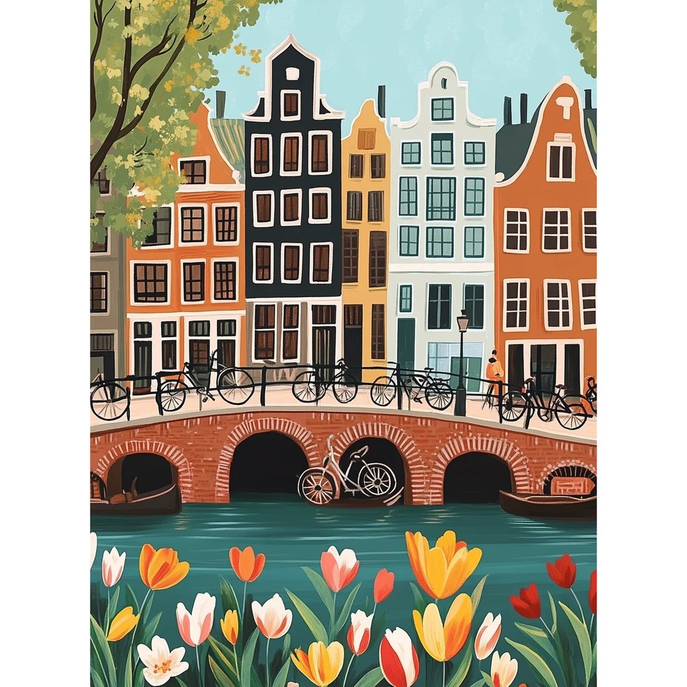 Aperçu du résultat final Canali di Amsterdam, biciclette e tulipani Diamond Painting.