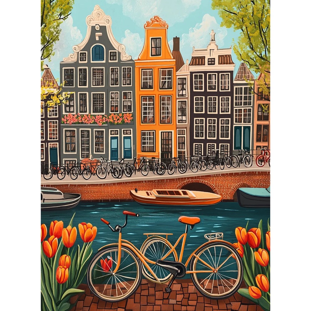 Aperçu du résultat final Vélo orange au bord des canaux d'Amsterdam.