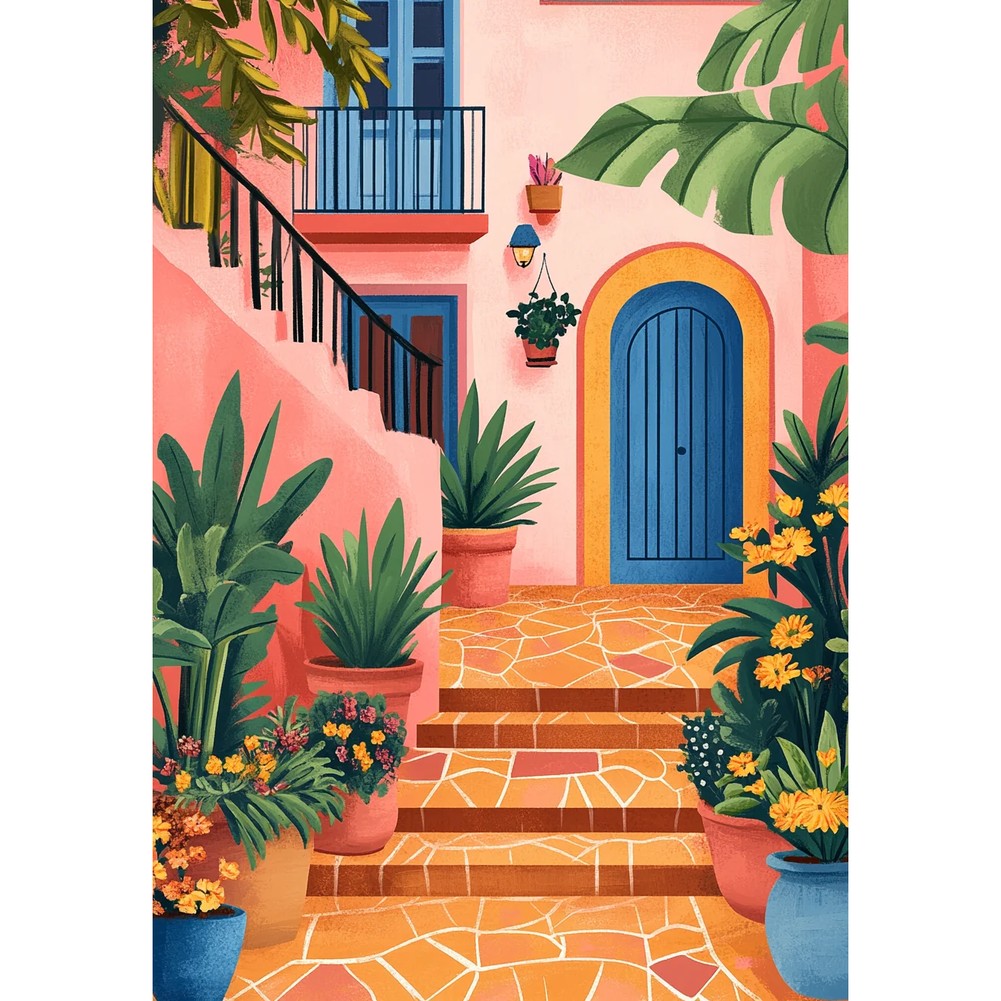 Aperçu du résultat final Bloemrijke trap en roze huis in Griekenland Diamantschilderij.