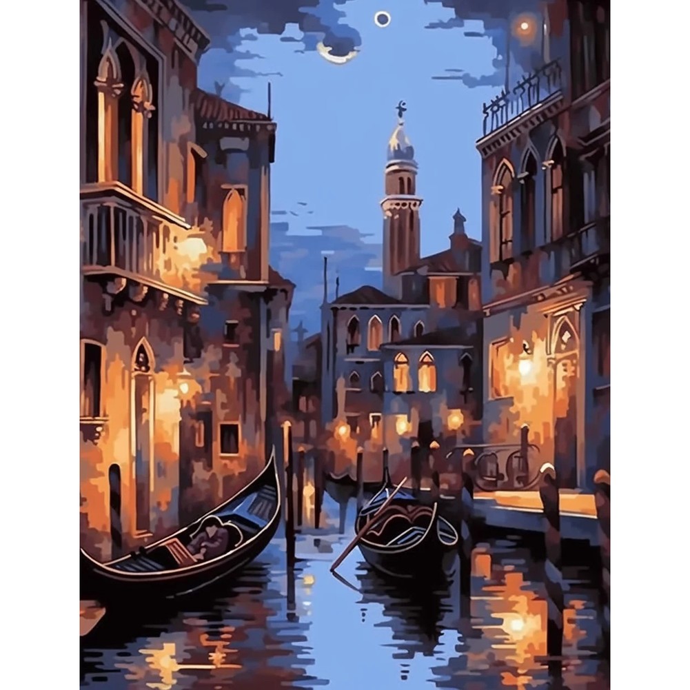 Aperçu du résultat final Gondels op de nachtelijke kanalen van Venetië Diamantschilderij.