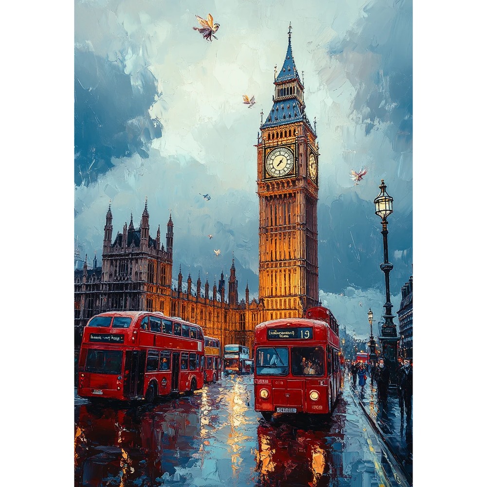 Aperçu du résultat final Lumières de Big Ben et bus rouges londoniens.